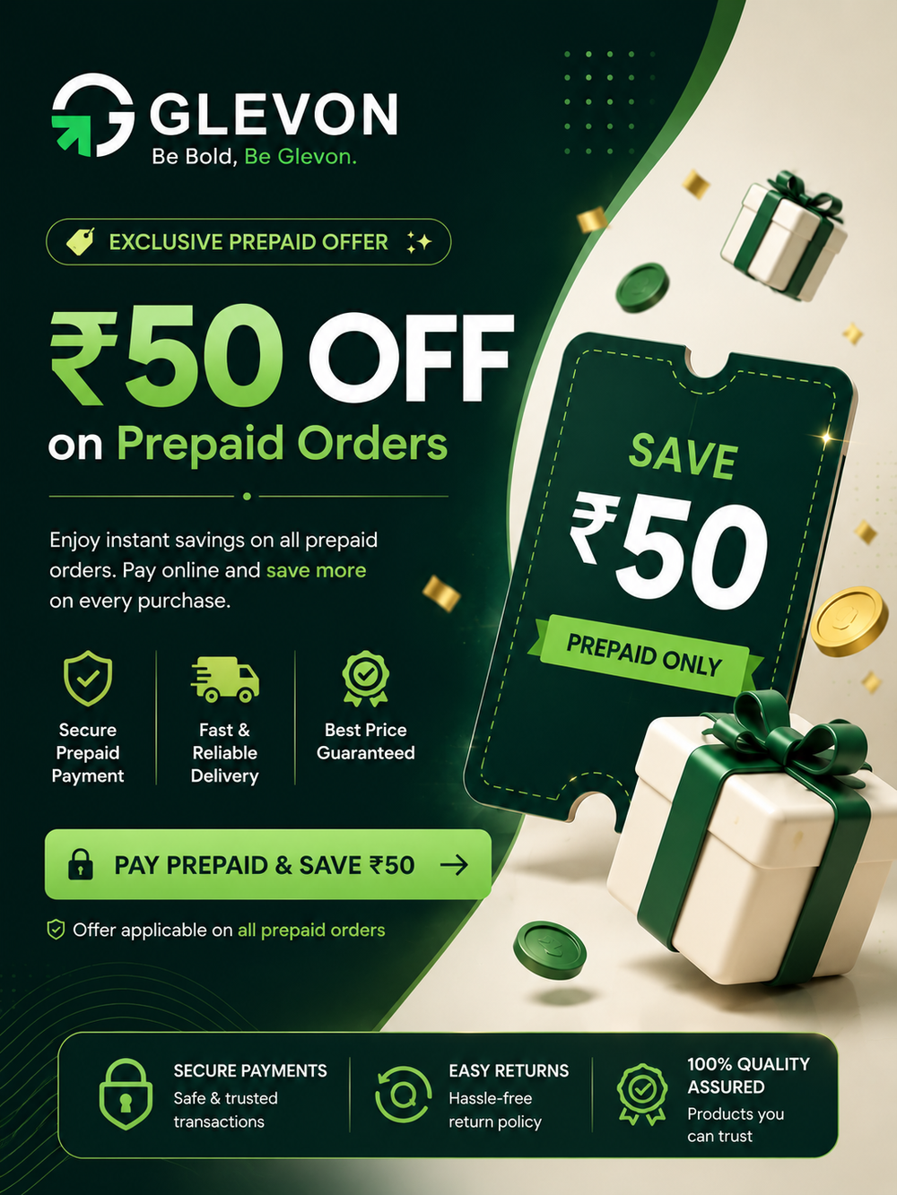 Promotional graphic for Glevon prepaid orders featuring a large prepaid ticket design with '₽50 OFF on Prepaid Orders' text, gift boxes, coins, and feature icons on a dark green and cream background.