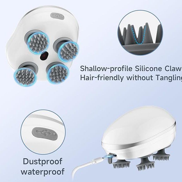 Hair care device with silicone claws and text highlighting features on a light blue background