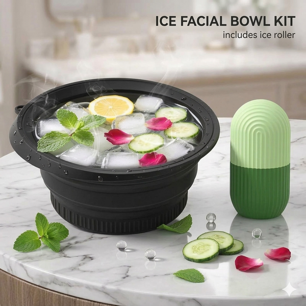 Ice facial bowl kit with ice roller on a marble surface