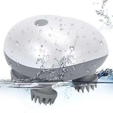 Gray and white cleaning device with water splashes on a white background