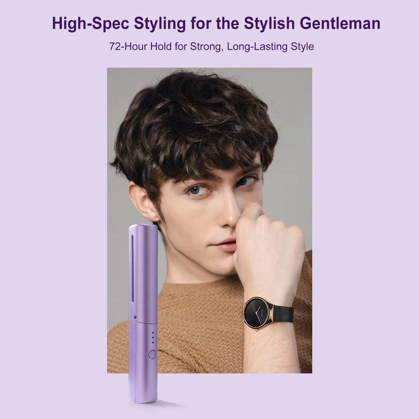 Man with styled hair and a purple hair styling device on a light purple background