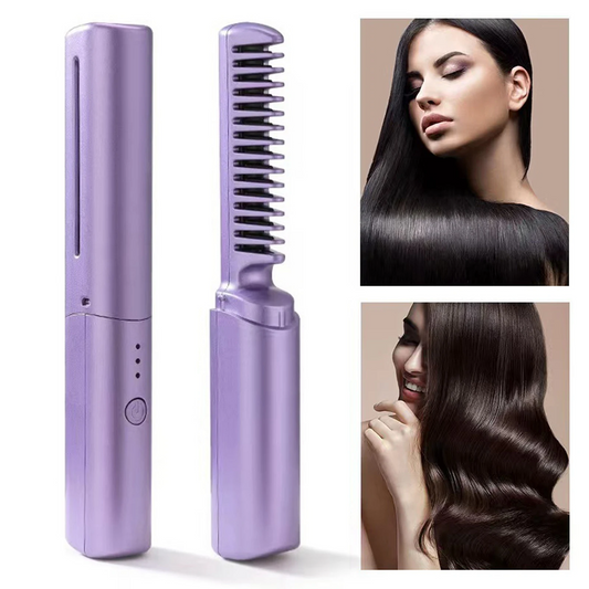 Purple hair straightening device with before and after images of hair.
