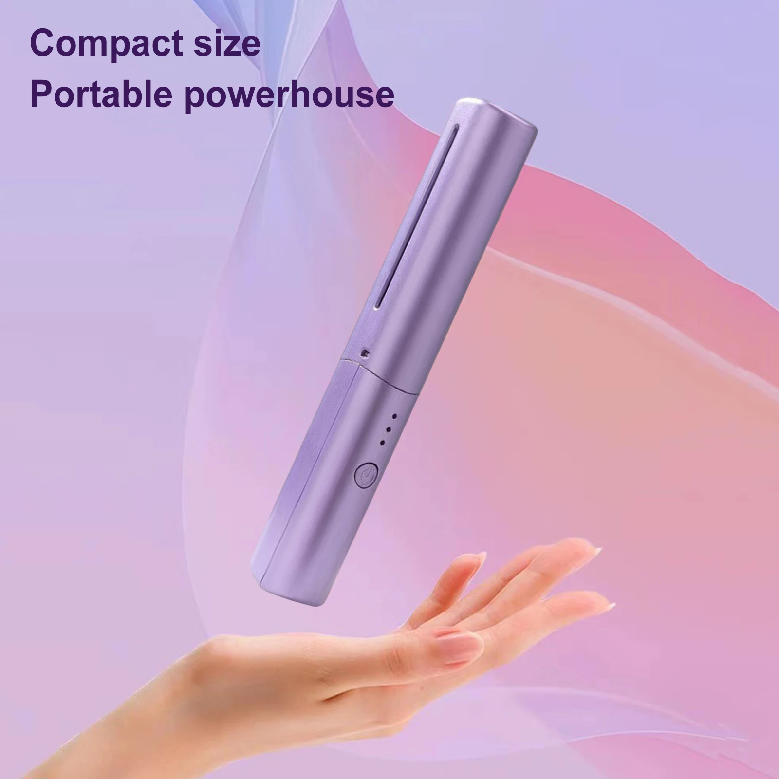 Purple portable straightner held by a hand with a gradient background