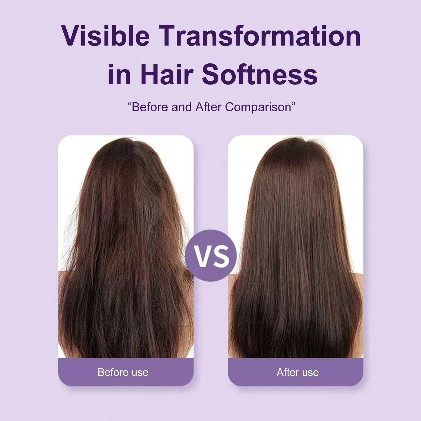 Before and after comparison of hair softness with a purple background