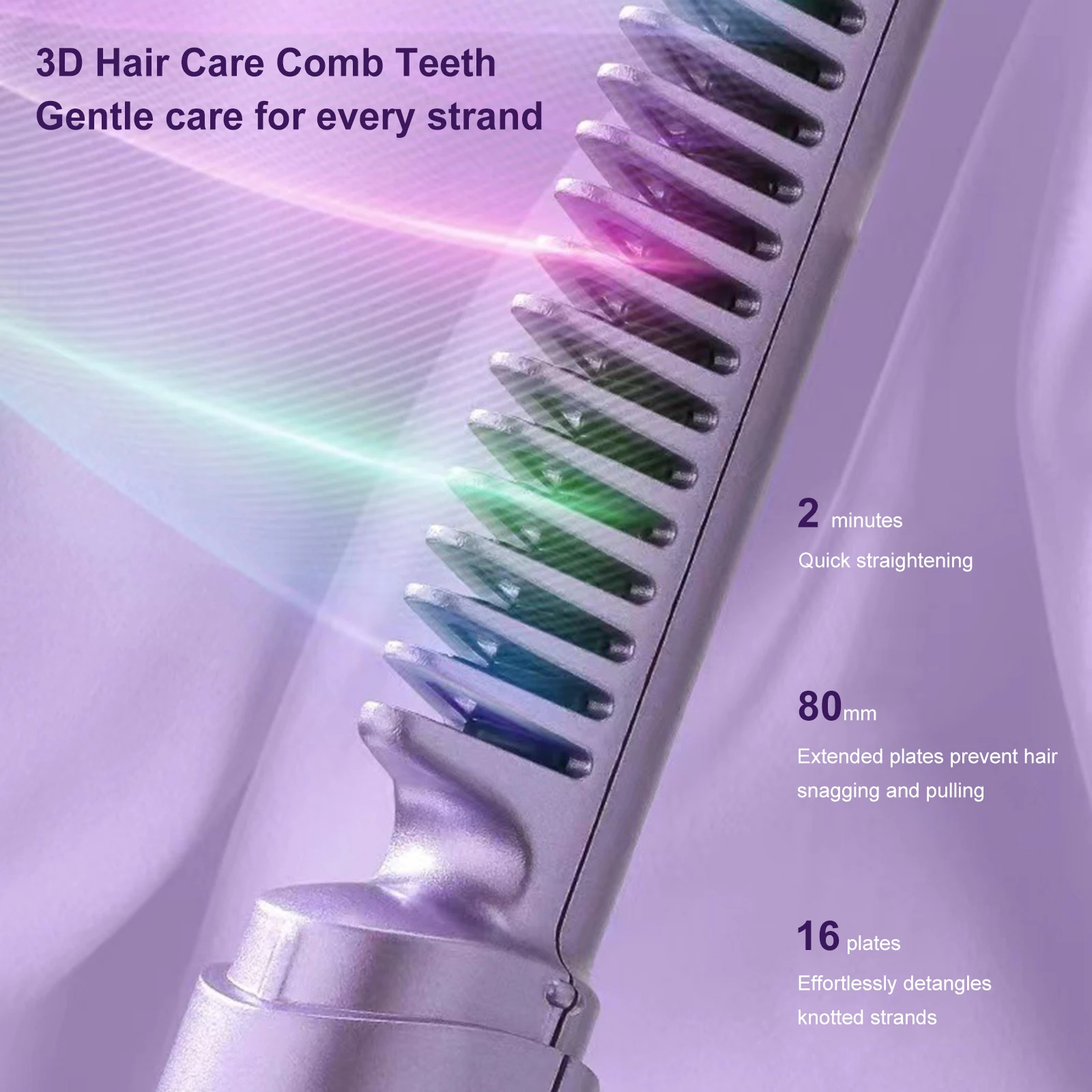 Hair straightening comb with text on a purple background
