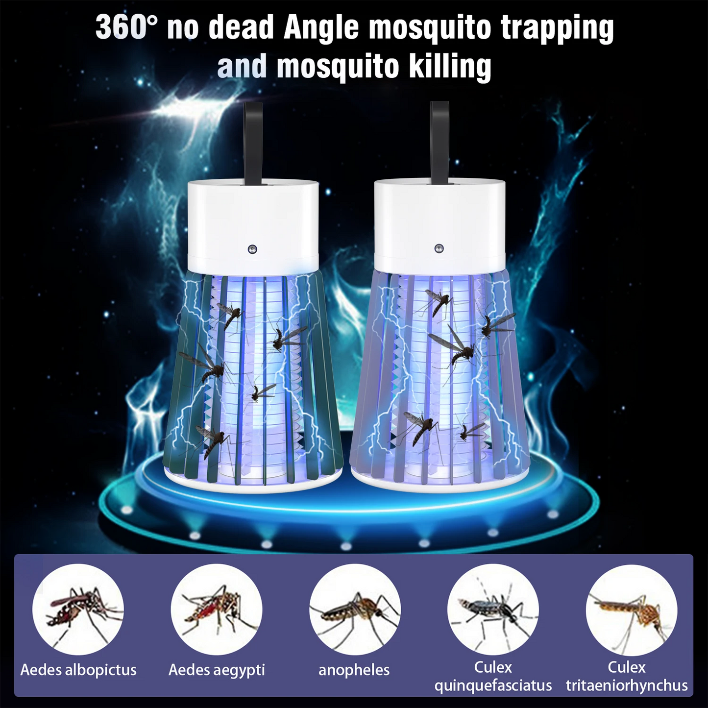Two mosquito traps with灭蚊效果 on a dark background, featuring text about mosquito trapping and killing.