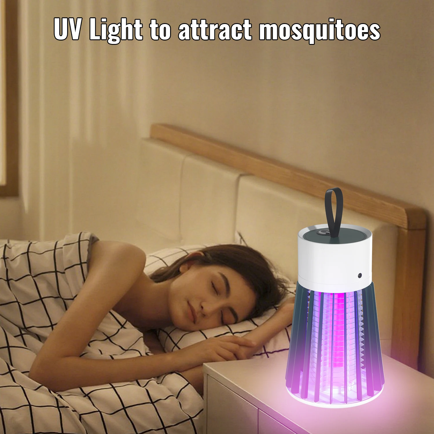 Person sleeping in bed with a mosquito lamp emitting UV light next to them.