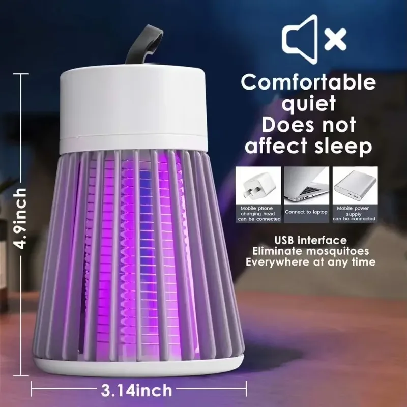 Purple and white mosquito repellent device with measurements and features on a dark background