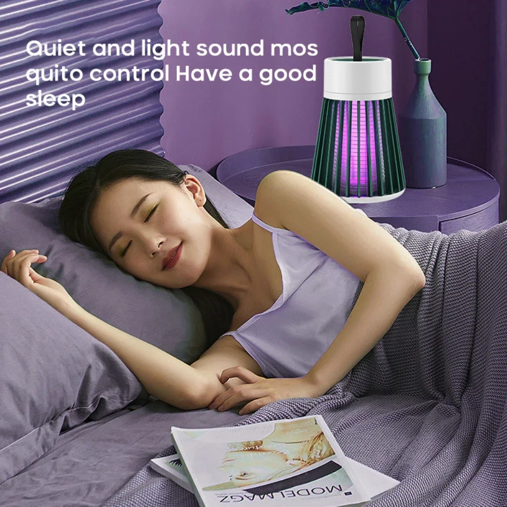 Woman sleeping in bed with a purple lamp on a nightstand, text 'Quiet and light sound mosquito control Have a good sleep'.
