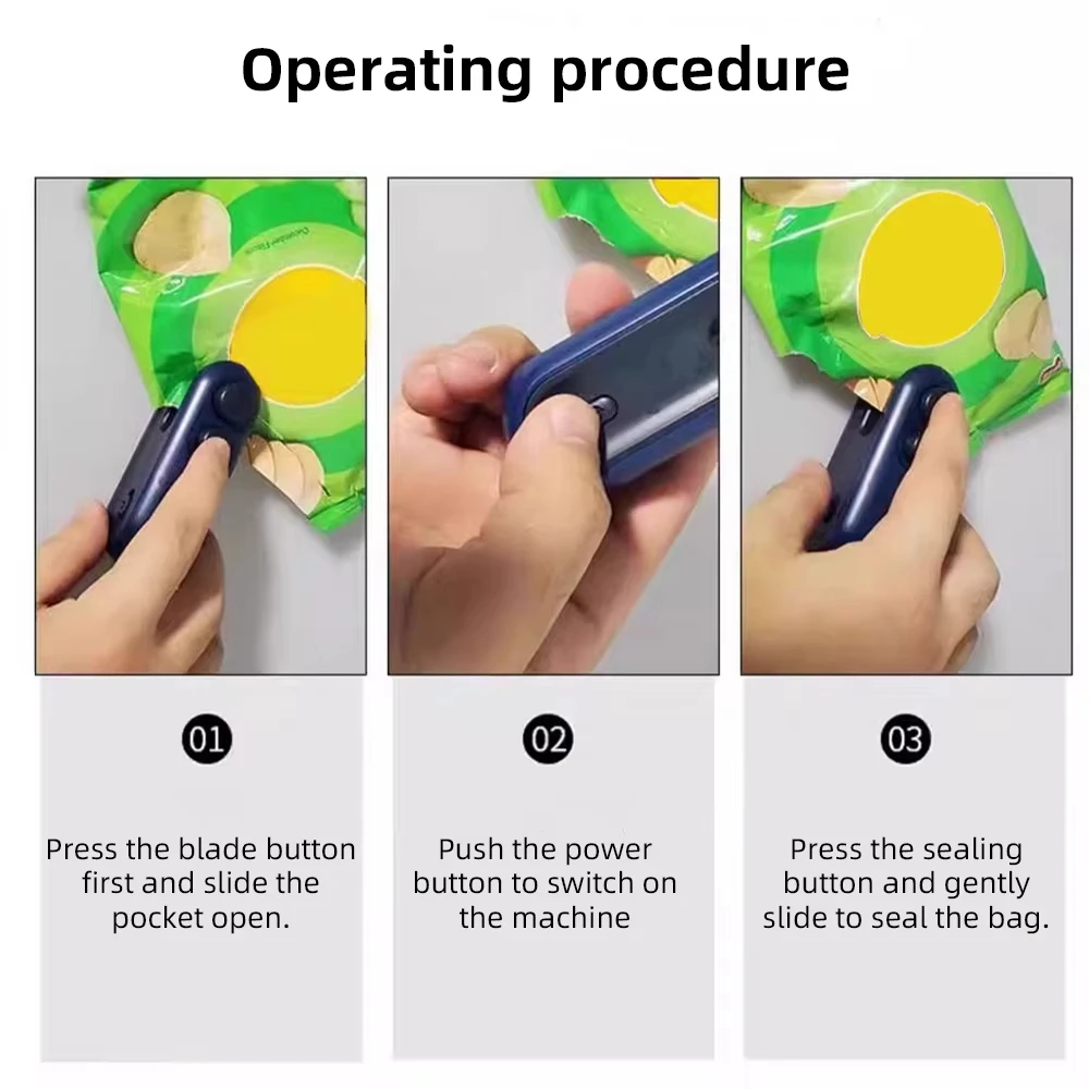 Step-by-step instructions for operating a sealing machine on a white background