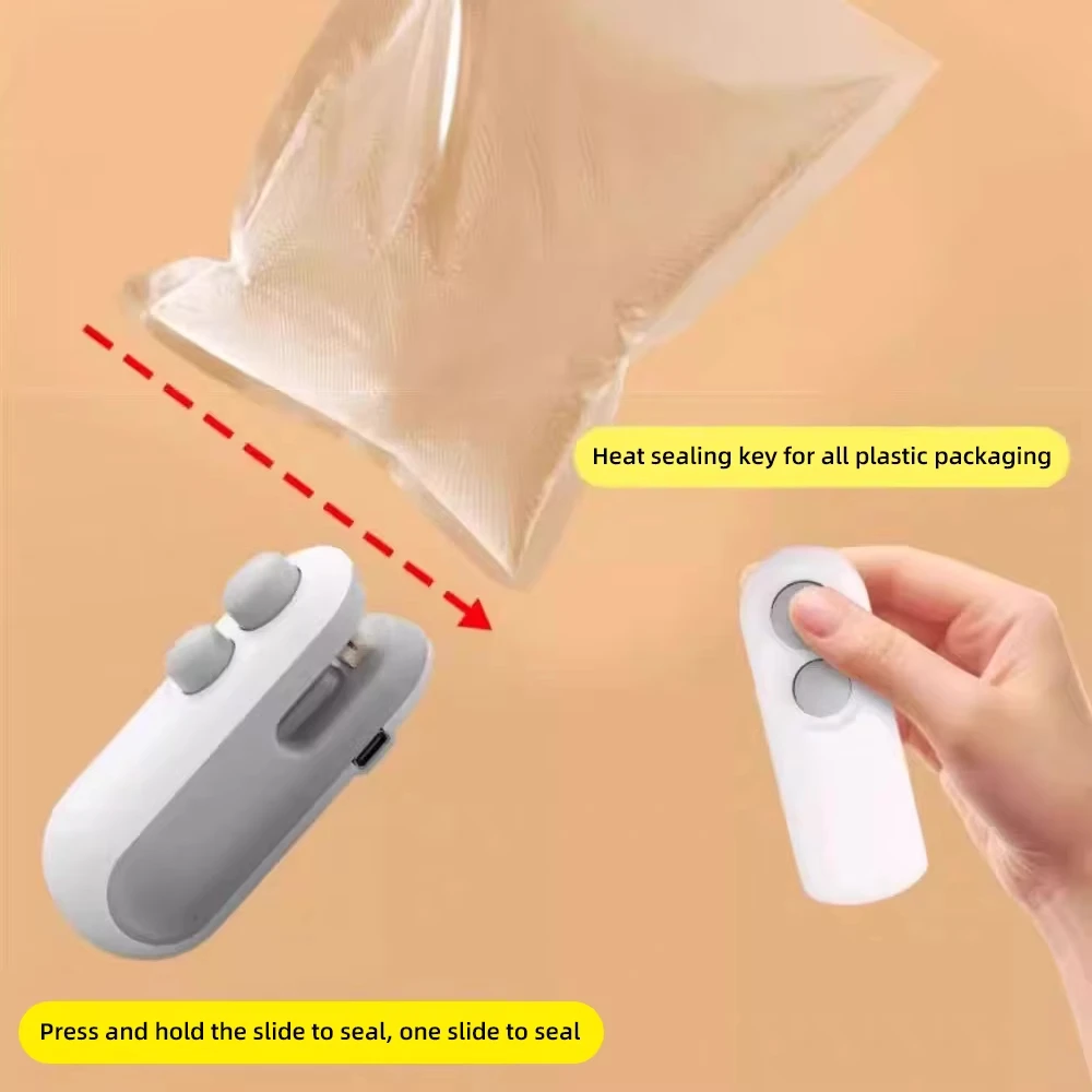 Handheld device for sealing plastic packaging with text instructions on a beige background