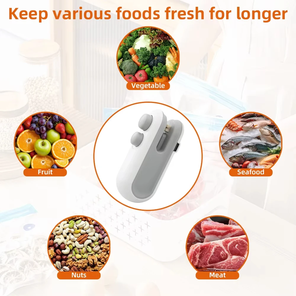 White electronic packet sealer with images of fruits, vegetables, seafood, nuts, and meat on a white background.