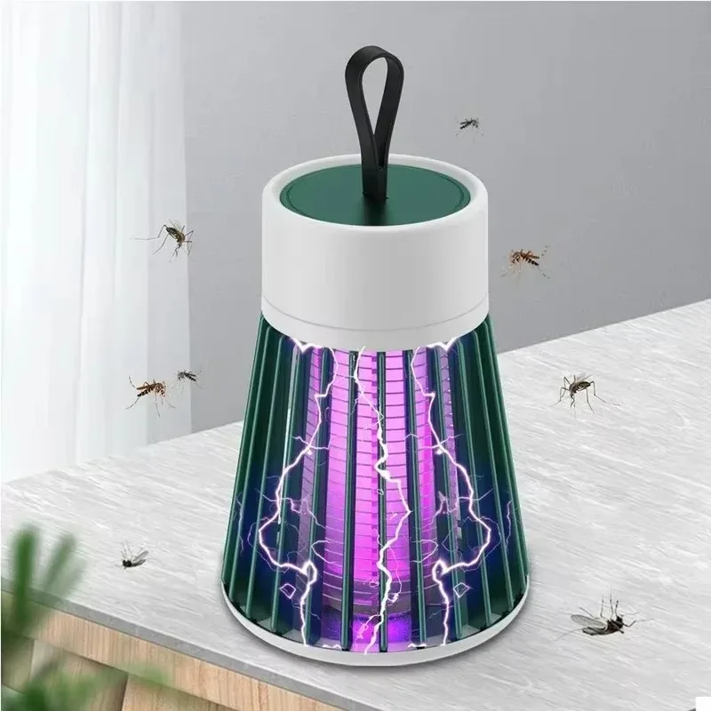 Insect zapper on a table with mosquitoes around it