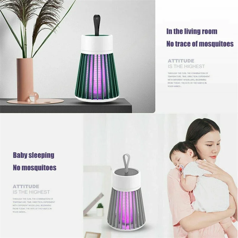 Mosquito repellent lamp with text highlighting its effectiveness in a living room and while a baby sleeps.