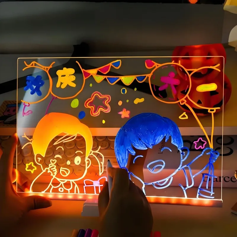Children's drawing on a light-up board with colorful markers.