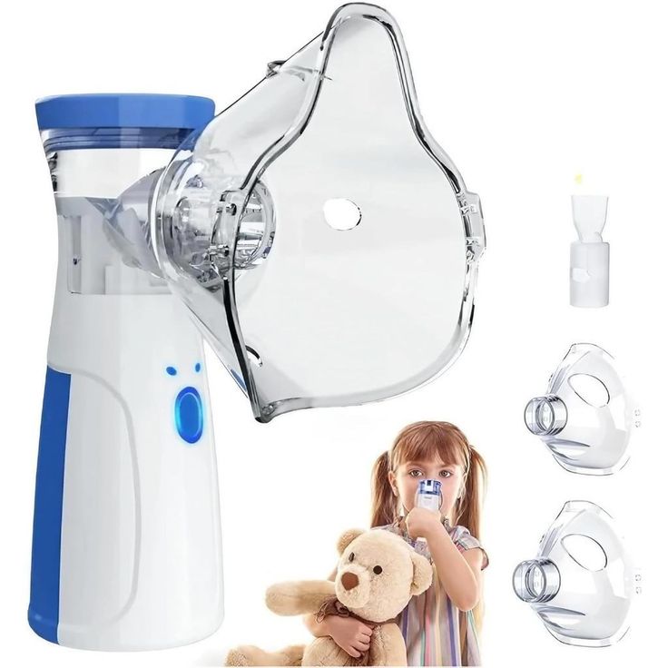 Inhaler device with clear mask and blue accents, used by a child holding a teddy bear.