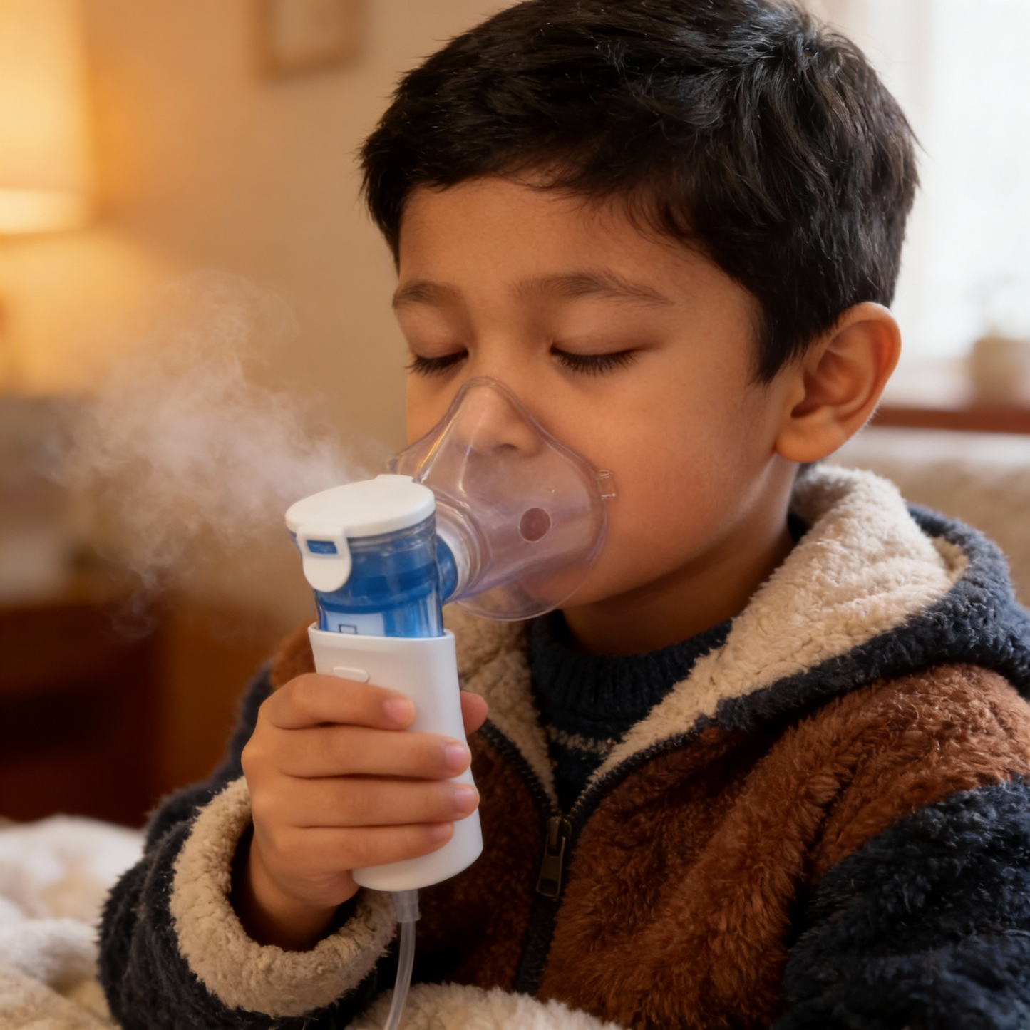 Child using an inhaler mask with a warm, indoor background