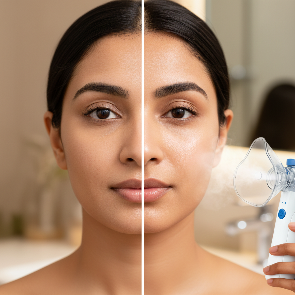 Side-by-side comparison of a woman's face with and without an inhaler, set against a blurred indoor background.