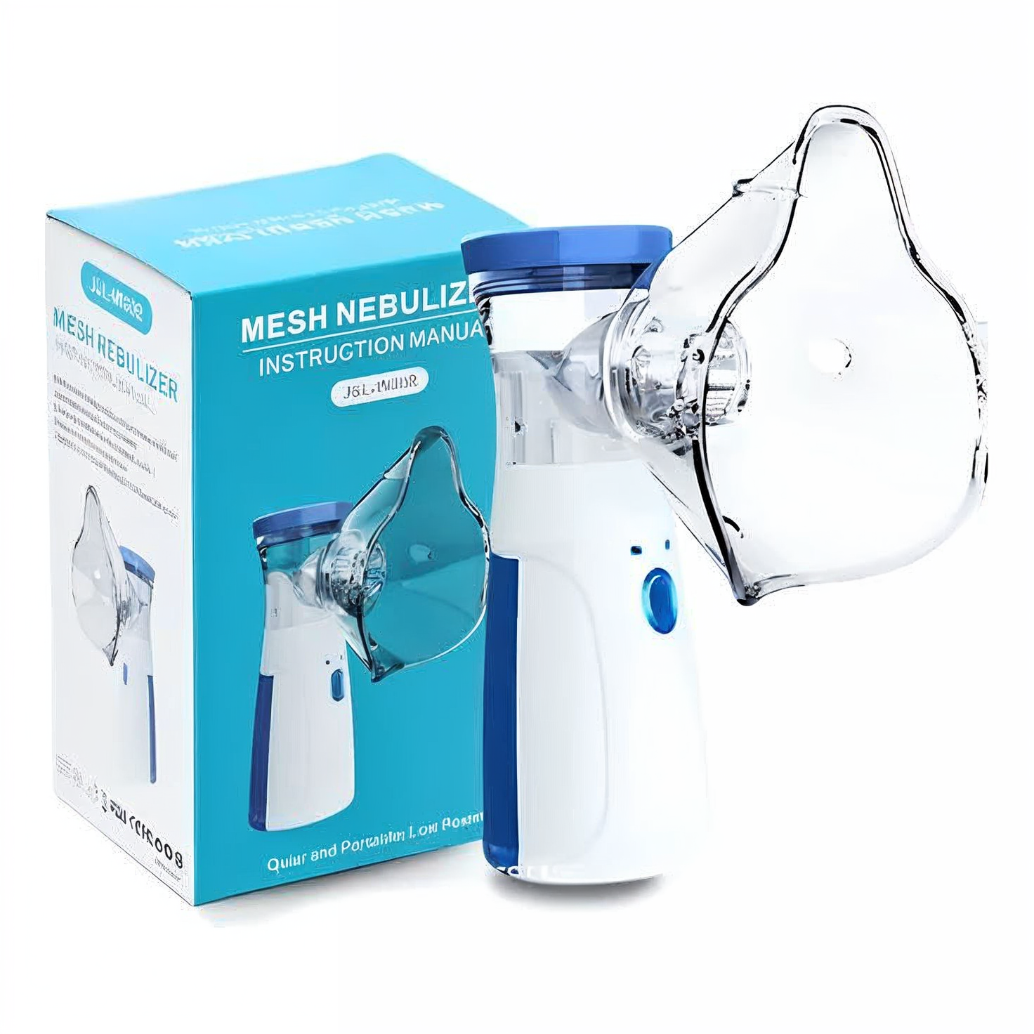 Mesh nebulizer with clear mask and blue and white packaging on a white background