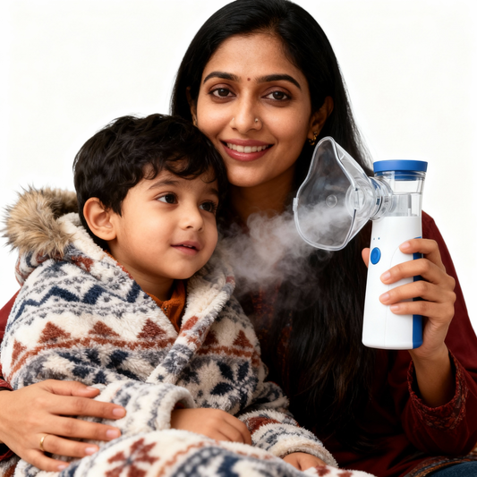 Woman holding an inhaler with a child wrapped in a blanket, both smiling.