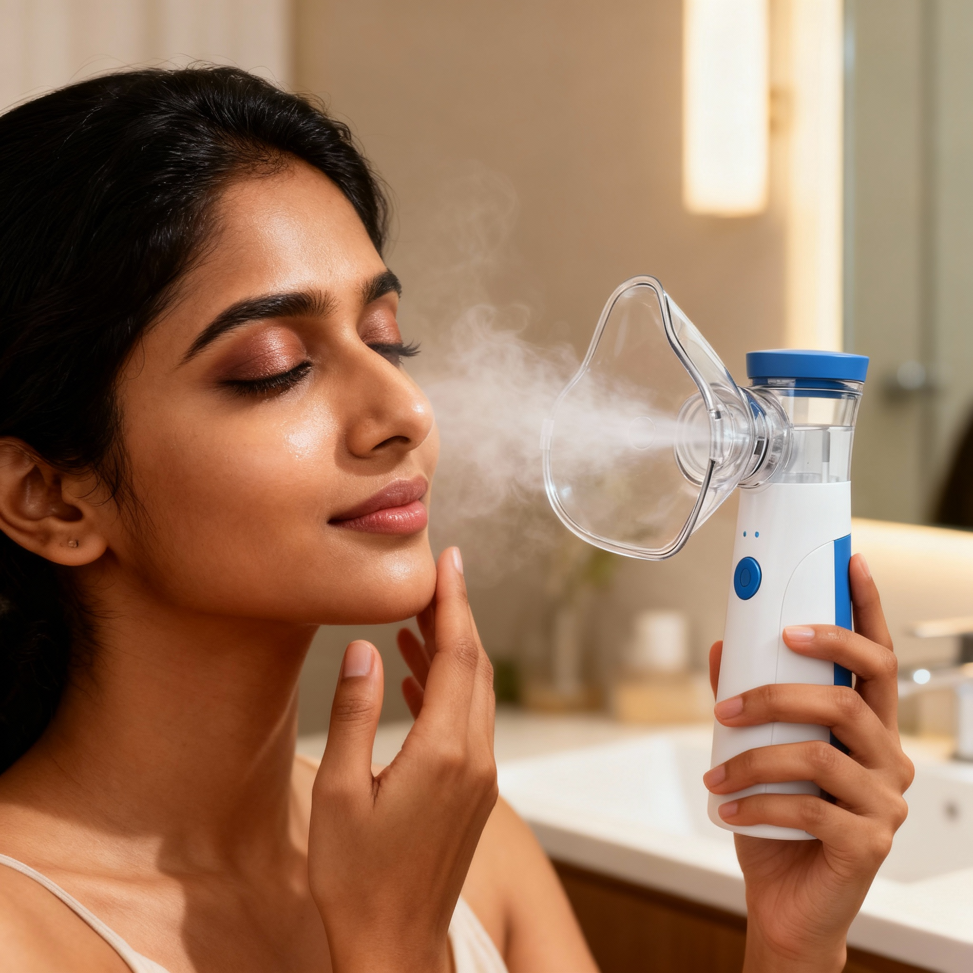 Woman using a handheld steaming device in a bathroom setting