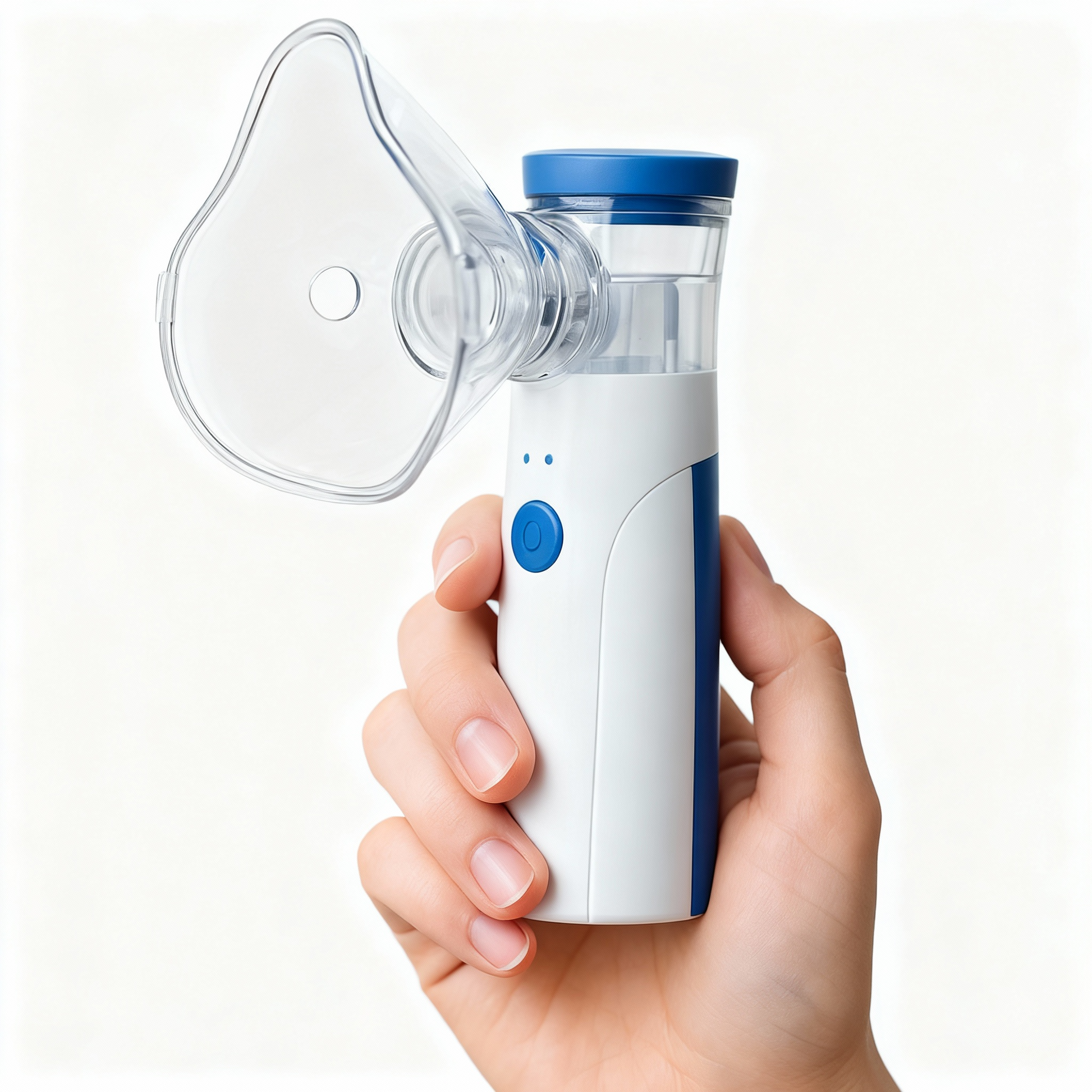 Hand holding a white and blue handheld device with a clear chamber on a white background