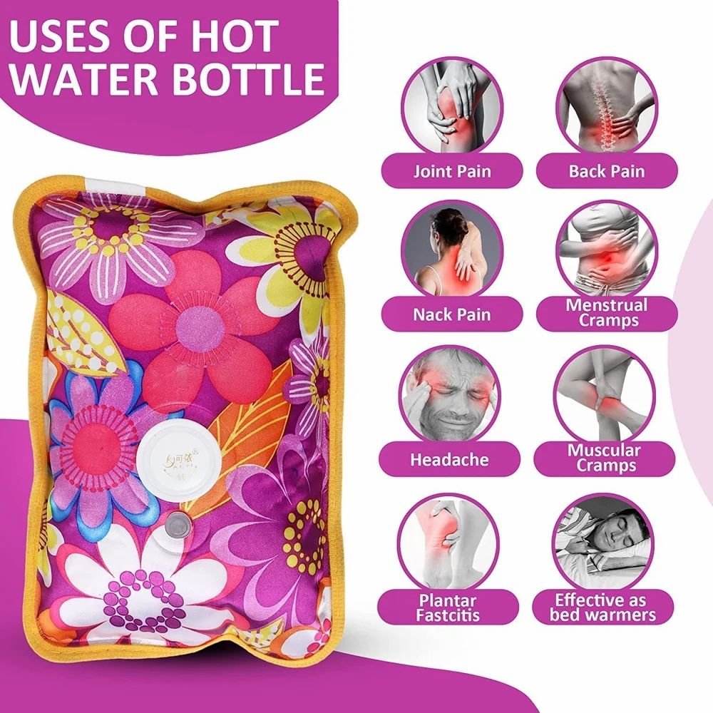 Floral-patterned hot water bottle with uses listed on a pink background