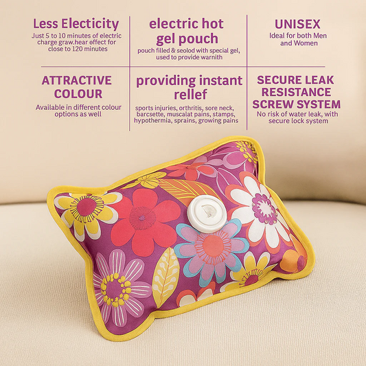 Floral-patterned electric hot gel pouch with text detailing its features on a beige background