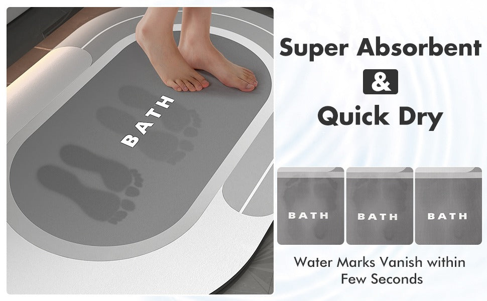 Gray bath mat with 'BATH' text, showing water marks vanishing, on a white background.