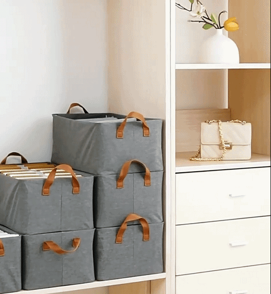Rectangular storage organizer with books and files being packed