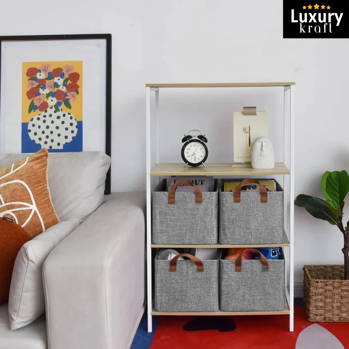 Storage shelf with gray baskets and decor items in a living room setting, featuring the Luxury Kraft brand.