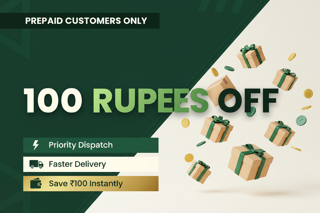 Promotional banner for prepaid customers with 100 rupees off offer, priority dispatch, faster delivery, and savings.